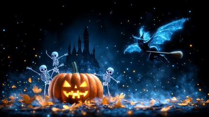 Three skeletons dancing around illuminated Halloween pumpkin against flying witch and spooky castle. Night scene. Samhain
