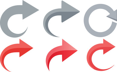 Vector Illustration of Six Stylized Arrows in a Two-by-Three Grid with Grey and Red Variants Featuring Curved, Angular, and Circular Navigation Symbols on a White Background

