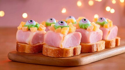 Halloween themed food, bacon wrapped bites with fruit and candy eyeballs. Spooky appetizer for party. Creative snack. Samhain