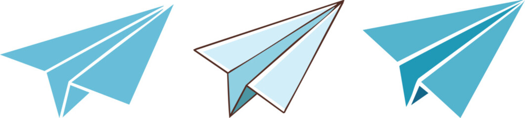 Vector Illustration of Three Stylized Paper Airplanes in Light Blue Shades on White Background with Minimalist Geometric Design and Subtle Shadows

