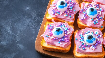 Halloween breakfast toast with eye candy and colorful sprinkles. Fun snack food for October party, spooky celebration treat. Samhain