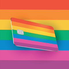 Vector mockup of rainbow plastic credit card with chip on transparent background. Easy and fully editable.