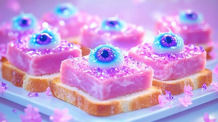Spooky Halloween eyeball canape appetizers on toast with pink meat and shimmer. Creepy food for a Halloween party or celebration. Samhain