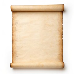 Antique rolled parchment paper with aged edges isolated on white background