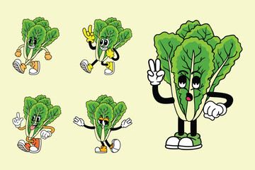 Set of funny lettuce vegetable 70s retro comic cartoon characters