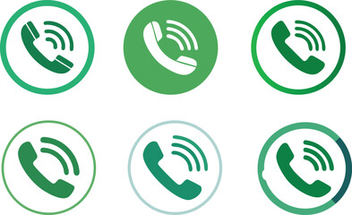 set of green phone icons, Vector Set of Green Circular Phone Icons Featuring Classic Handset Silhouettes with Ringing Lines in a Clean Two-by-Three Grid Layout

