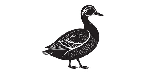 Stylized black duck with detailed feather patterns and white accents silhouette