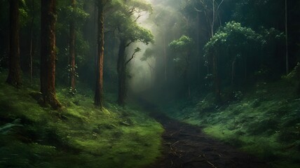 Fototapeta premium Ethereal forest path shrouded in mist, with vibrant green moss and towering trees