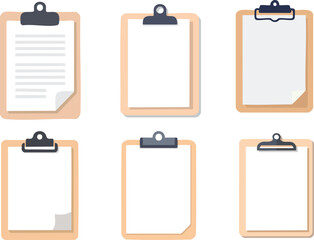clipboard with paper, Vector Illustration of Six Vertical Wooden Clipboards Arranged in a Two-by-Three Grid on a White Background with Blank and Lined Papers Featuring Curled Corners and Minimalist