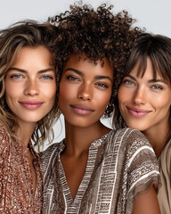 Portrait of three multiethnic women looking at camera isolated on grey