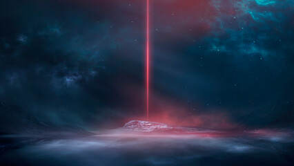 Fantasy mountain dark night landscape, starry sky, unknown planet, neon.