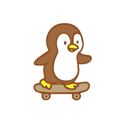 A cute cartoon penguin skateboarding happily