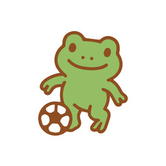 A playful frog kicking a soccer ball