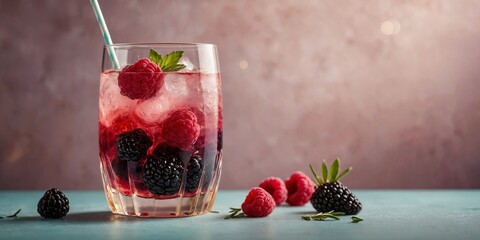 Pink sparkling berry spritzer in a highball glass with raspberries, blackberries, ice, rosemary sprig, and gold straw on pastel background.