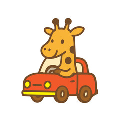 Cute Cartoon Giraffe driving a red car