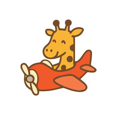 Giraffe Pilot in a Red Airplane Cartoon