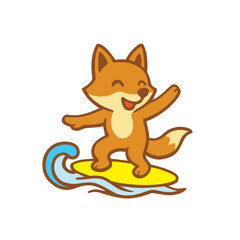 Happy Cartoon Fox Surfing on a Wave