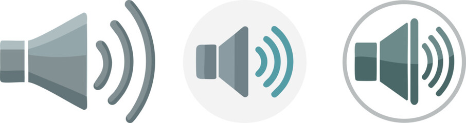 Vector Set of Minimalist Speaker Icons with Sound Waves and Circular Interface Elements in Gray and Teal Color Scheme on White Background

