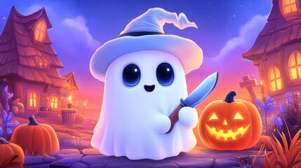 Cute ghost character wearing a witch hat holding a knife next to a glowing jack o lantern pumpkin. Halloween horror art. Samhain