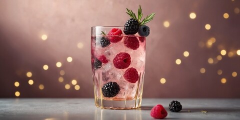 Pink sparkling berry spritzer in a highball glass with raspberries, blackberries, ice, rosemary sprig, and gold straw on pastel background.