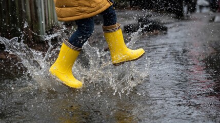 Joyful child wearing yellow rain boots jumping in puddles on wet street with water splashing in all directions, close up of playful legs and feet creating energetic rainy weather childhood scene