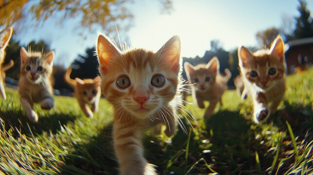 Playful kittens running through a grassy field.