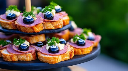 Halloween-themed canape with an eye-shaped olive and salami on a tiered serving tray. Spooky finger food for a Halloween party. Samhain