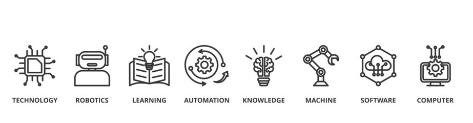 Artificial intelligence banner concept illustration with icon of technology, robotic, learning, automation, knowledge, machine, software and computer