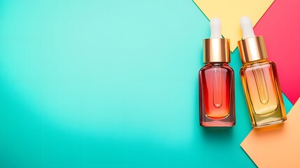 Elegant Glass Dropper Bottles on Colorful Background