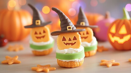 Halloween dessert with pumpkin witch hat cookie closeup on cupcake or muffin with blurred background. Seasonal autumn party food. Samhain