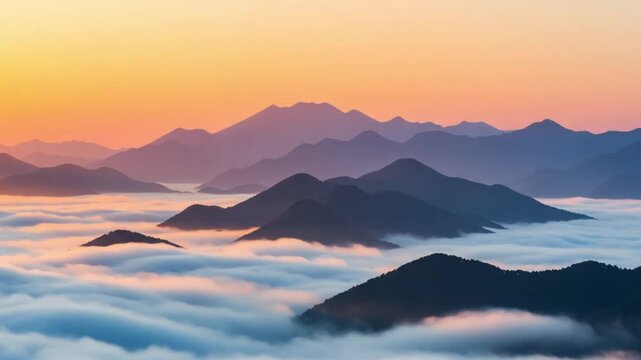 Serene sunrise over misty mountains with soft clouds enveloping the landscape