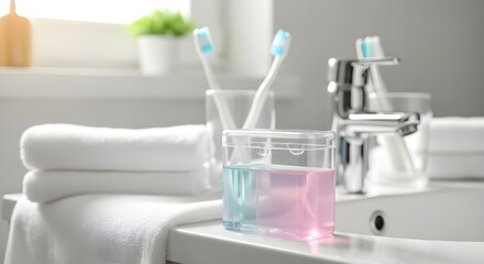 Pastel Soap Bottle on Bathroom Sink with Towels and Sunlight