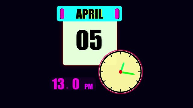 Calendar displaying April 5th day with a clock and 24 hours counting the current time on a black background.