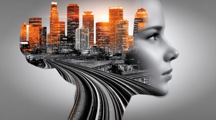 Double-exposed woman's profile with grayscale expression overlaid by vibrant cityscape at sunrise or sunset, featuring skyscrapers, railway tracks, and warm orange hues blending seamlessly.