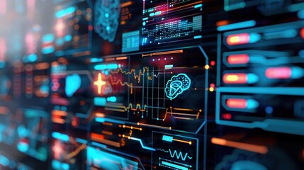 Fototapeta premium Illuminated Computer Screen Displays with Brain Diagrams and Data