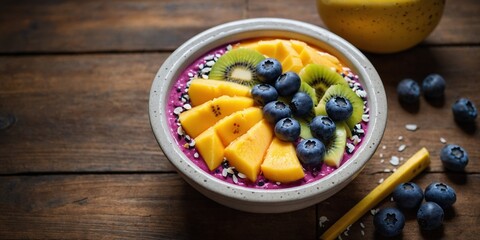 Vibrant tropical smoothie bowl with mango, pineapple, kiwi, banana, blueberries, coconut, and chia seeds in a ceramic dish on wood.