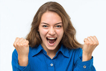 Happy young woman in blue shirt smiles and shows fists in celebration, isolated on white background with clipping path. Joyful, confident, and energetic full-body portrait.


