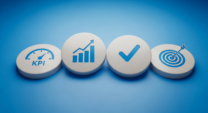Four white circles with blue KPI, growth chart, check mark, and target icons showcase business success metrics, symbolizing achievement and goal attainment - Powered by Adobe
