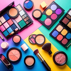 Still life composition of colorful makeup products