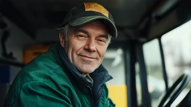 Portrait of a farmer smiling in a tractor cab