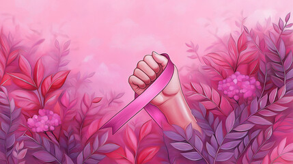Female fist holding a pink ribbon for breast cancer awareness month. Concept of support, fight, and hope.