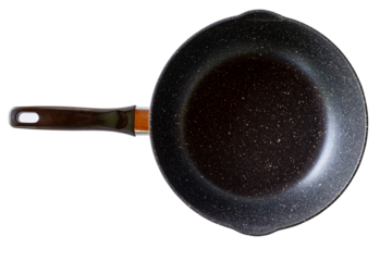 Red frying pan with a non stick teflon coating isolated on transparent background. Ideal for kitchenware ads, cookware catalogs, product packaging, and cooking related designs, PNG File, top view