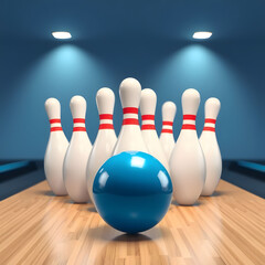 Bowling ball and pins on the table and light