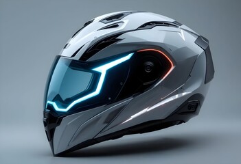 Futuristic motorcycle helmet with angular design and built-in LED visor, isolated on light gray background.