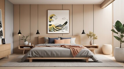 Serene modern bedroom design with Japanese wave art and neutral color scheme