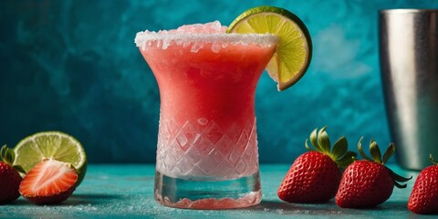 Frosted glass filled with frozen strawberry slush, sugared rim, garnished with strawberry and lime wedge.