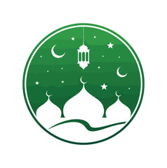 green islamic emblem featuring mosque domes with crescents, lantern, and celestial motifs in circular design symbolizing faith and tradition