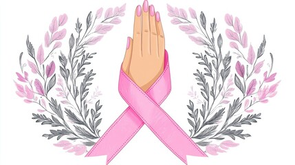 Woman's hand with pink ribbon, symbol of Breast Cancer Awareness Month, surrounded by decorative leaves.