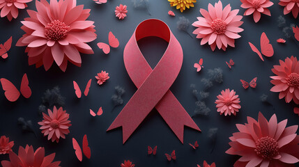 Pink ribbon surrounded by paper flowers and butterflies. Breast cancer awareness month concept for health support and charity fund.