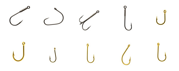 Various fishing hooks in different styles isolated on a transparent background  